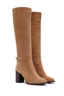 Women's Tan Suede Leather Heeled Boots | Derimod Women's Tan Suede Leather Heeled Boots | Derimod