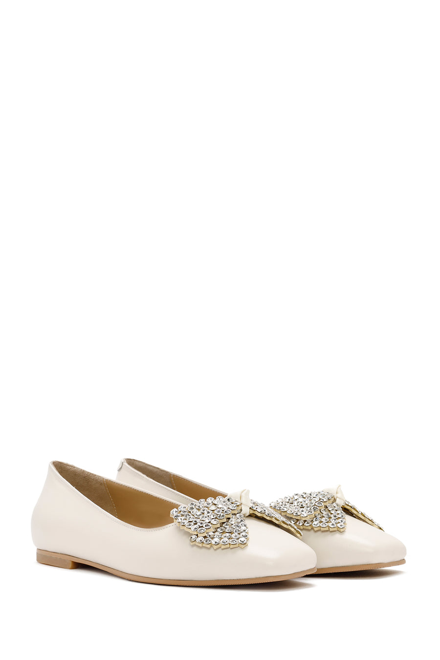 Women's Cream Stoned Leather Ballerina