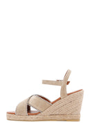 Women's Beige Ankle Strap Wedge Heel Suede Leather Espadrille Sandals | Derimod