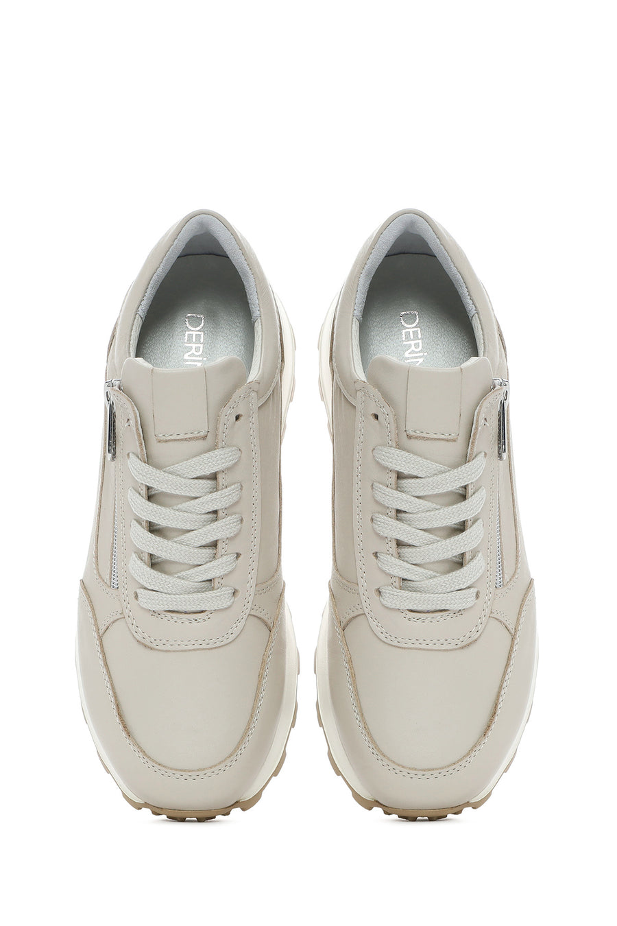 Women's Beige Lace-Up Side Zip Leather Sneakers