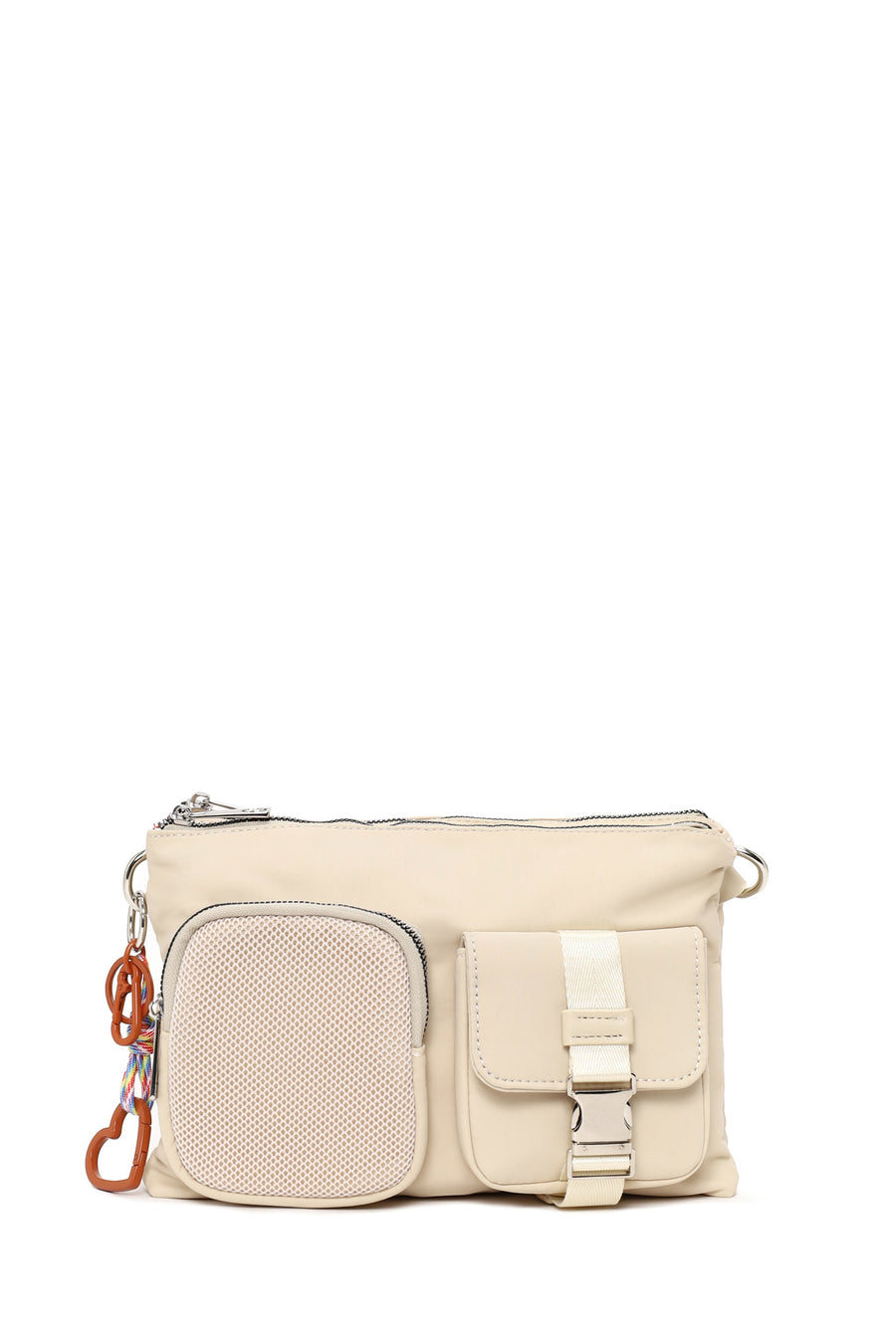 Woman Cream Long-Strap Fabric Crossbody Bag