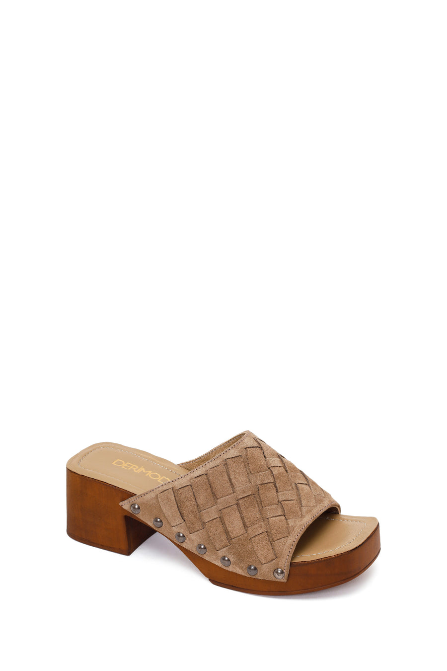 Woman Beige Short Thick-Heeled Suede Slipper