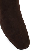 Woman Brown Zip Closure Short Thick-Heeled Suede Boots | Derimod