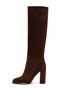 Woman Brown High Thick-Heeled Suede Boots | Derimod