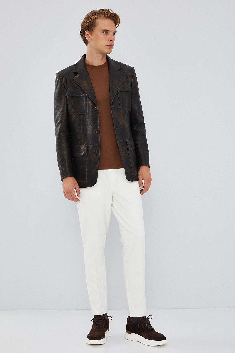 Kane Erkek Kahverengi Vintage Blazer Safari Deri Ceket
