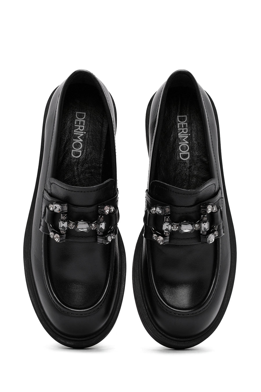 Kadın Siyah Tokalı Deri Maskülen Loafer