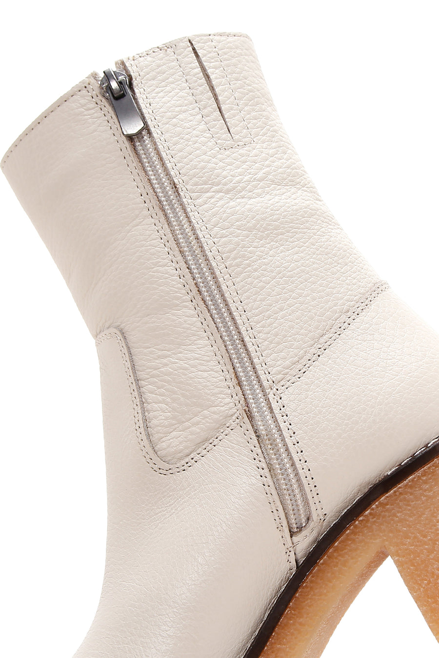 Women's Cream Zipper Detailed Low Heel Leather Boots