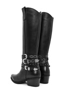 Women's Black Thick Heel Buckle Detailed Leather Cowboy Boots | Derimod