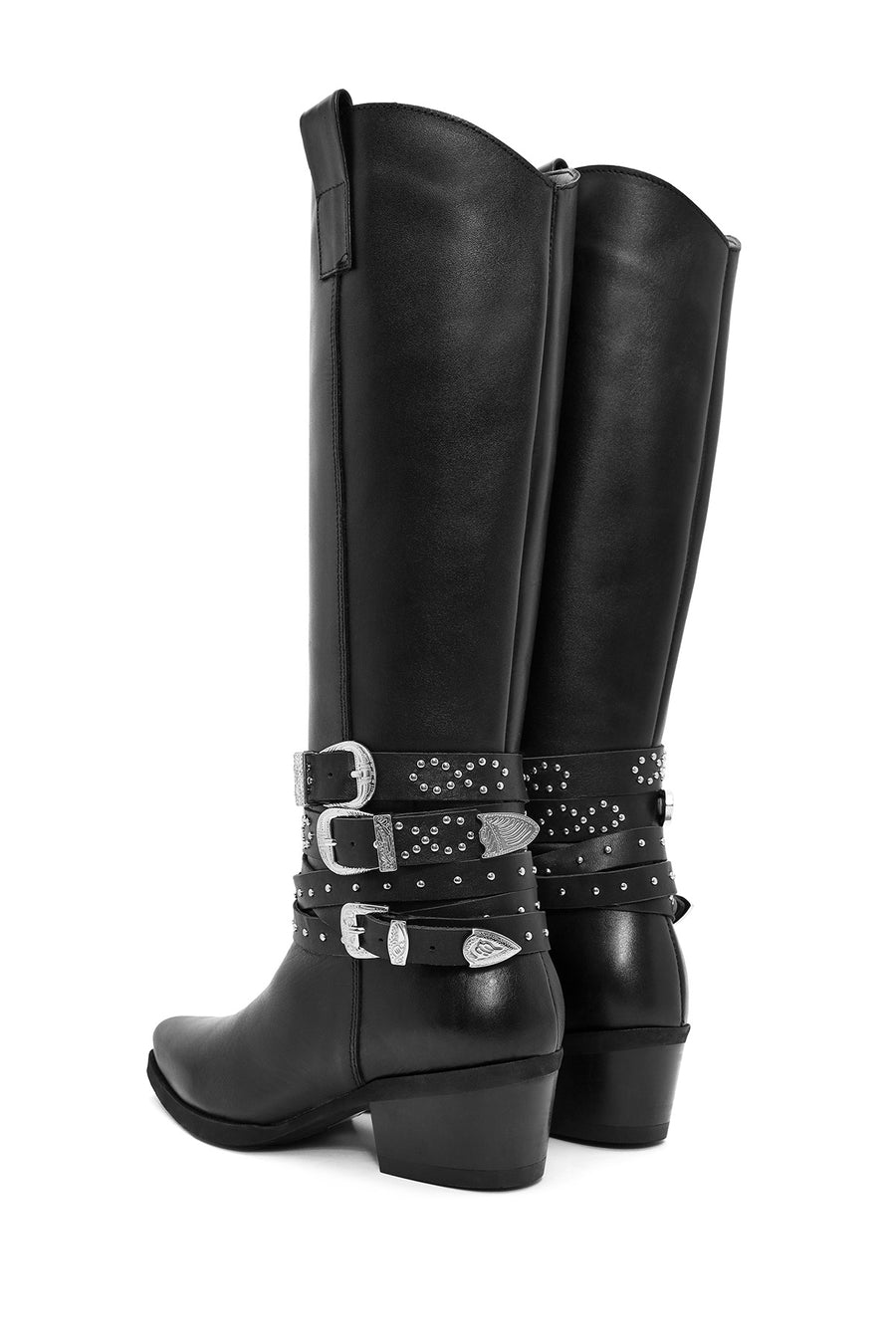 Women's Black Thick Heel Buckle Detailed Leather Cowboy Boots
