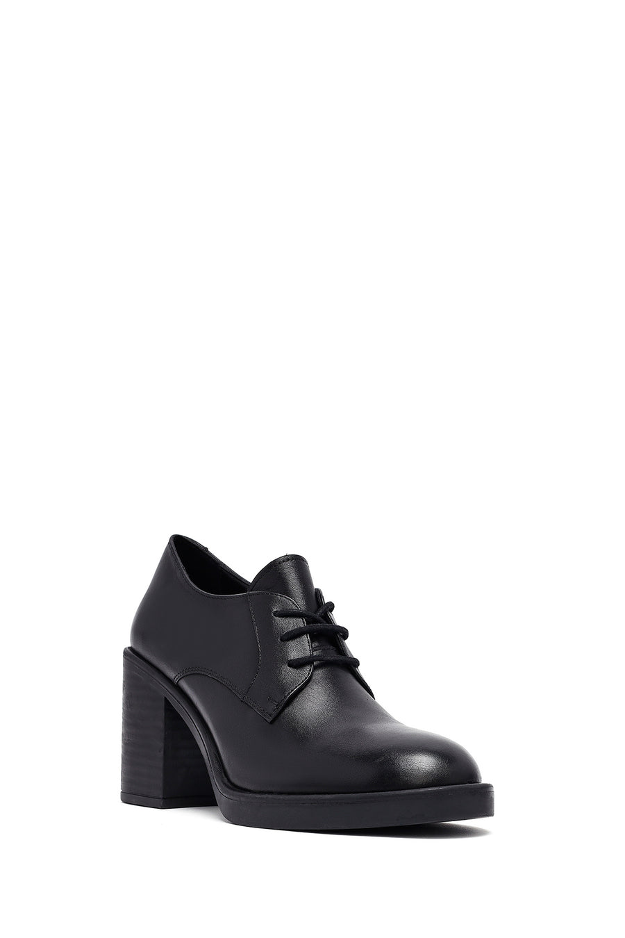 Woman Black Lace-Up Chunky Heeled Leather Masculine Shoes
