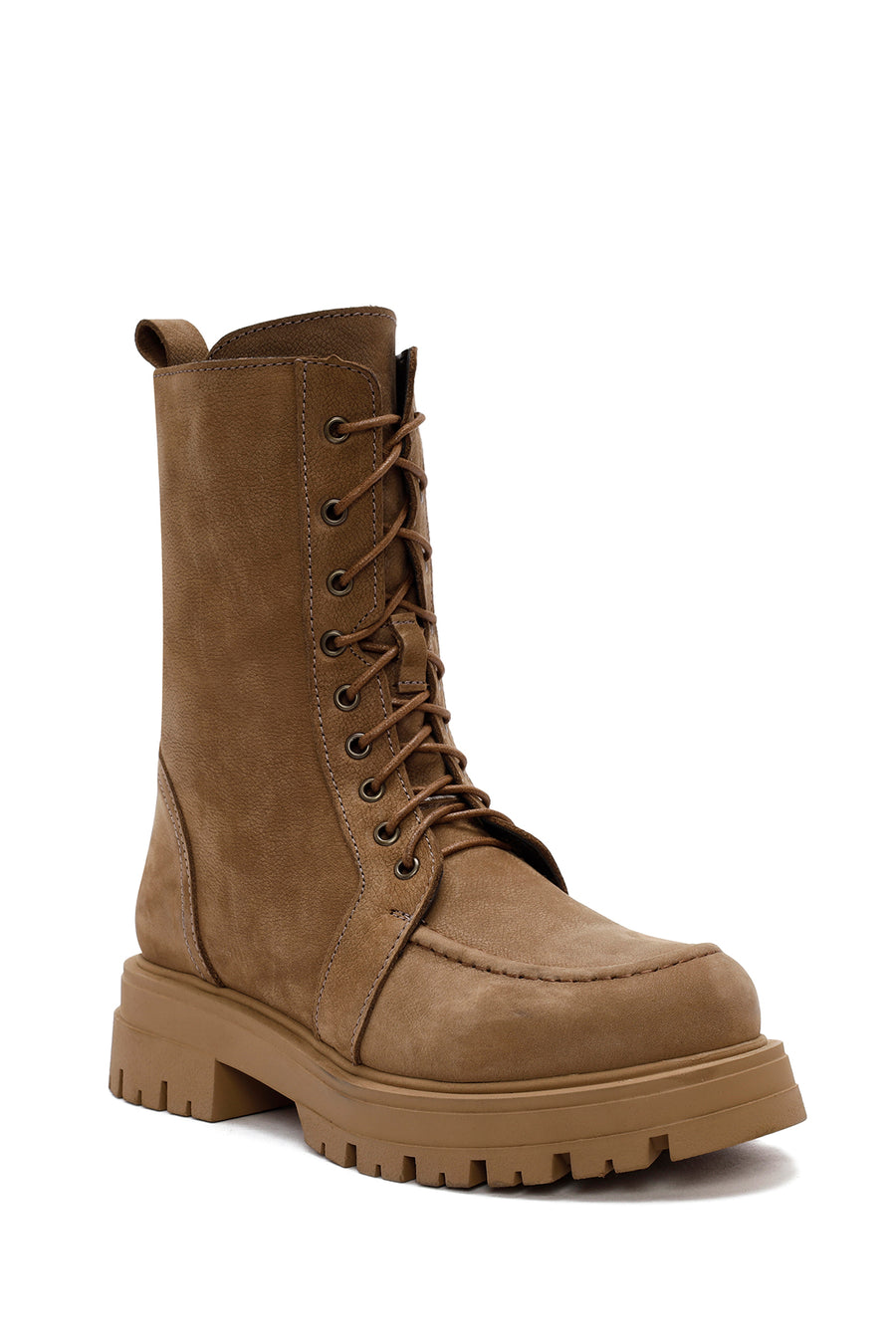Women's Camel Zippered Nubuck Leather Combat Boots
