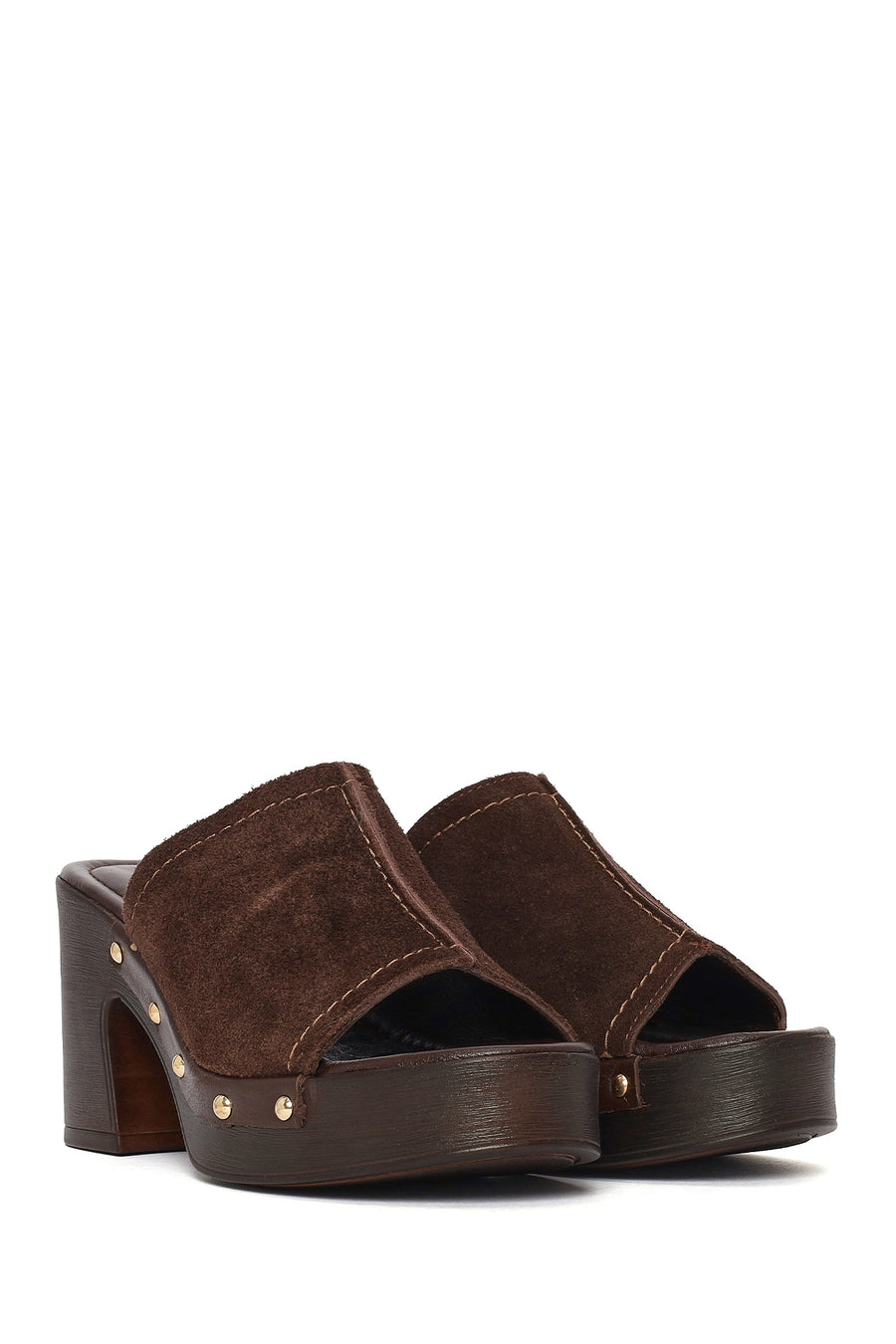 Women's Brown Thick Heeled Suede Leather Slippers