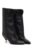 Woman Black Printed Thin-Heel Leather Boots | Derimod