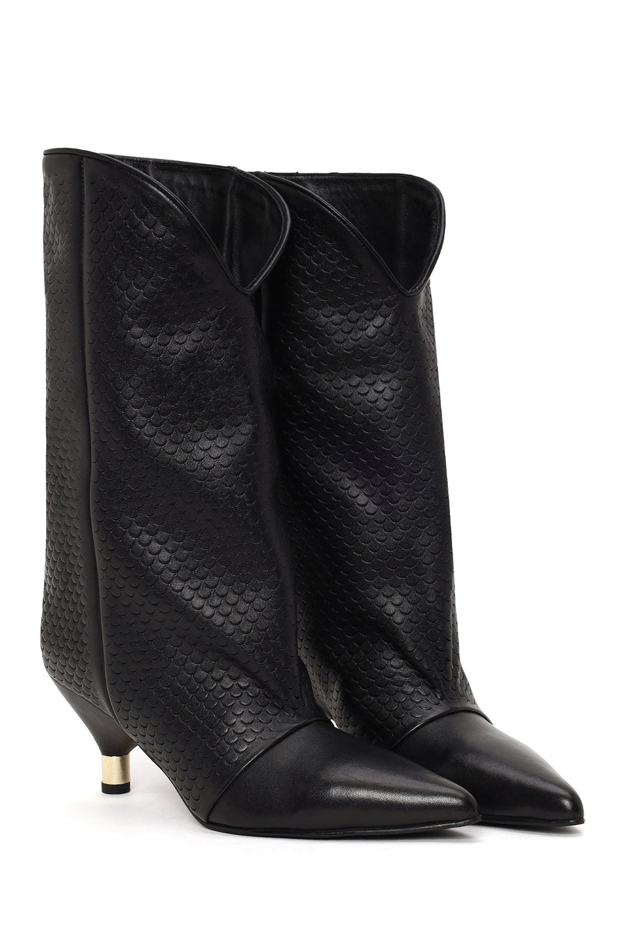 Woman Black Printed Thin-Heel Leather Boots