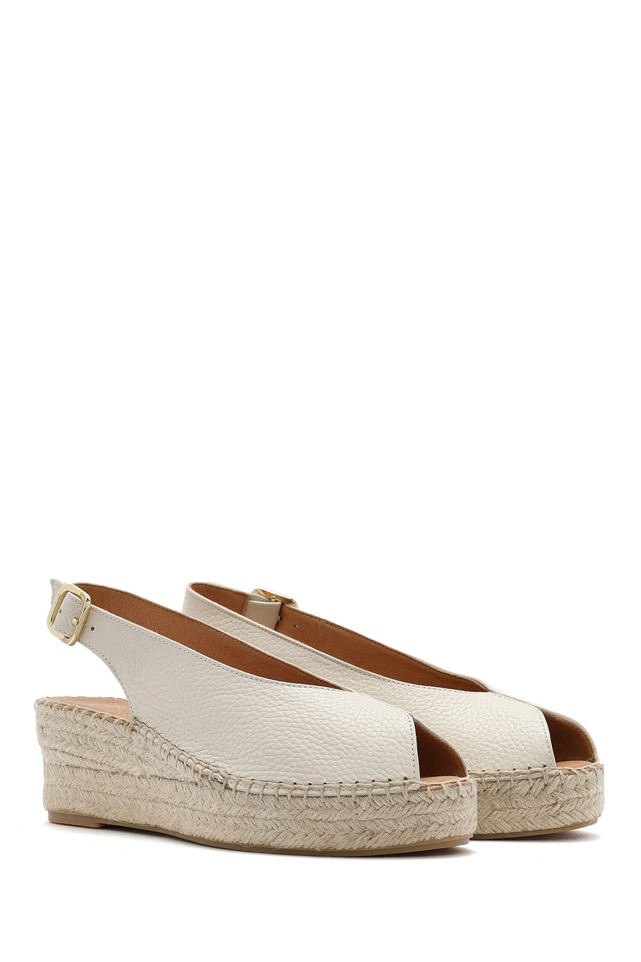 Women's Cream Ankle Buckle Wedge Heel Leather Espadrille Sandals