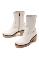 Women's Cream Zipper Detailed Low Heel Leather Boots | Derimod