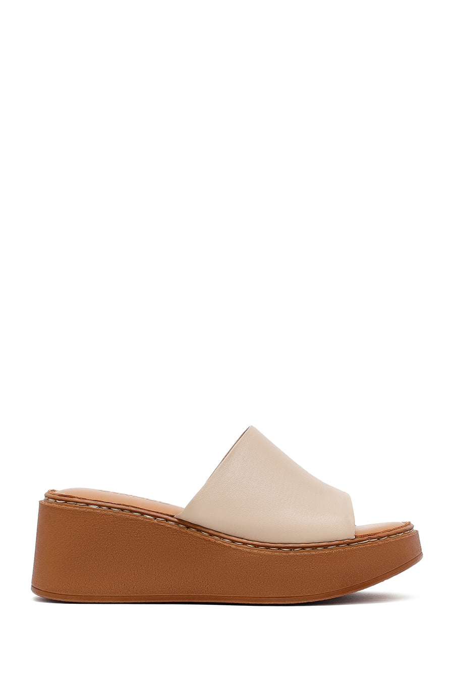 Woman Beige Thick Sole Leather Comfort Slippers 25SFD341418 | Derimod