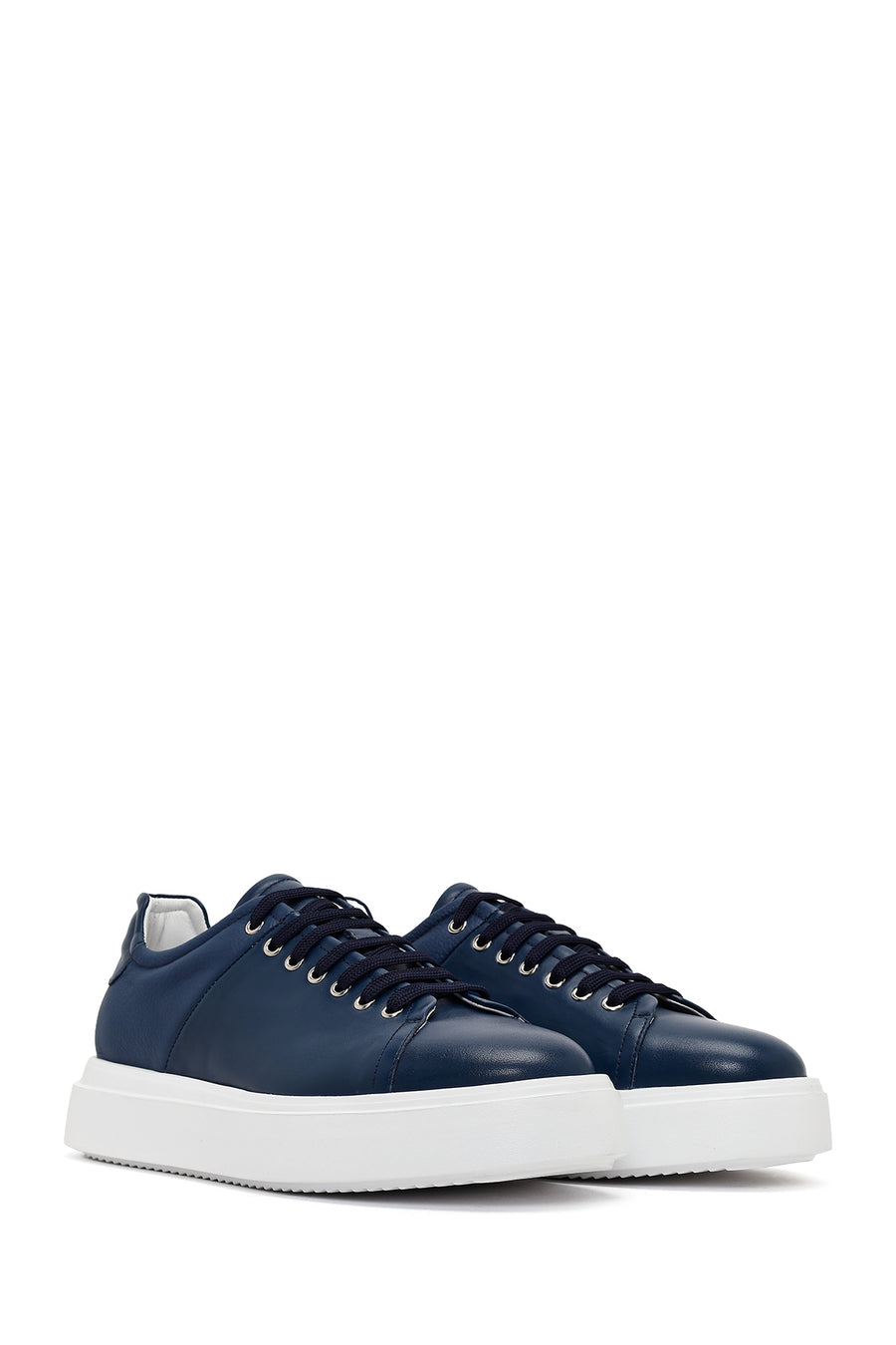 Men's Navy Blue Lace-up Thick-Sole Leather Sneaker