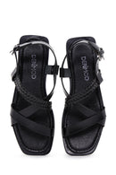 Women's Black Knitted Detailed Leather Bodrum Sandals | Derimod