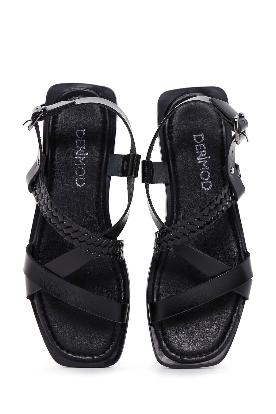 Women's Black Knitted Detailed Leather Bodrum Sandals
