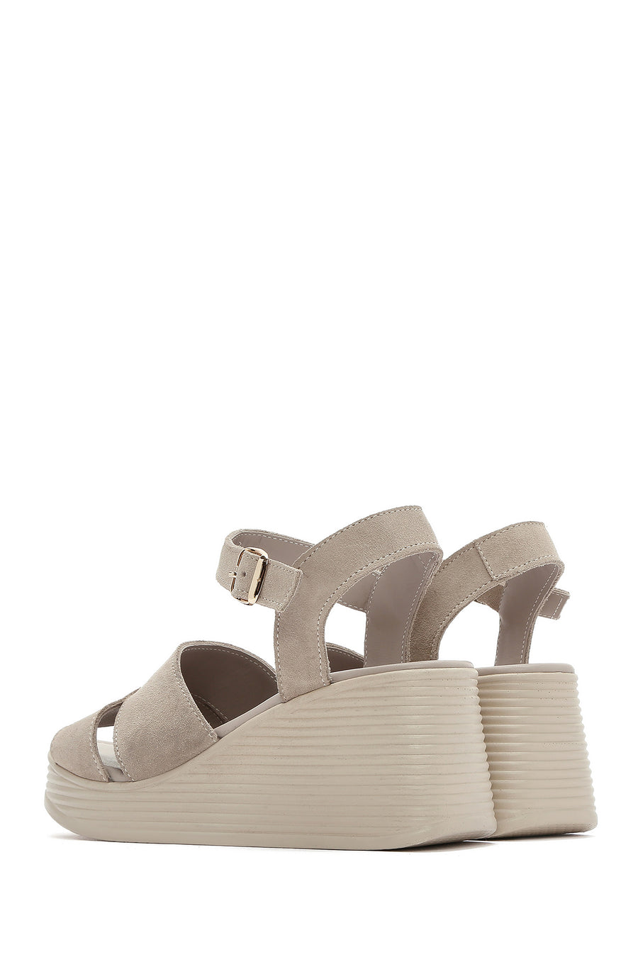 Women's Grey Wedge Heeled Suede Leather Sandals