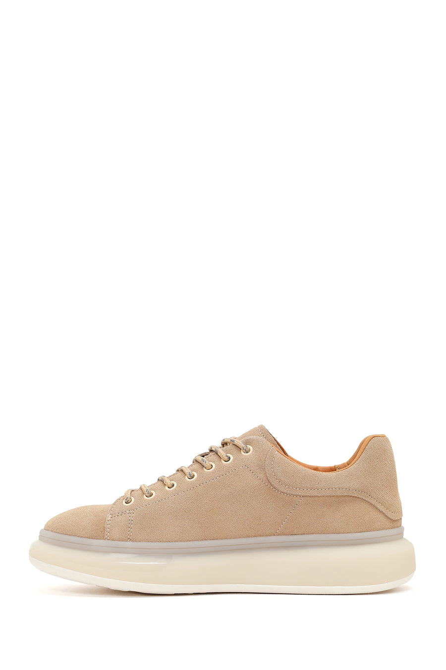 Men's Beige Lace-Up Thick-Sole Suede Leather Sneakers
