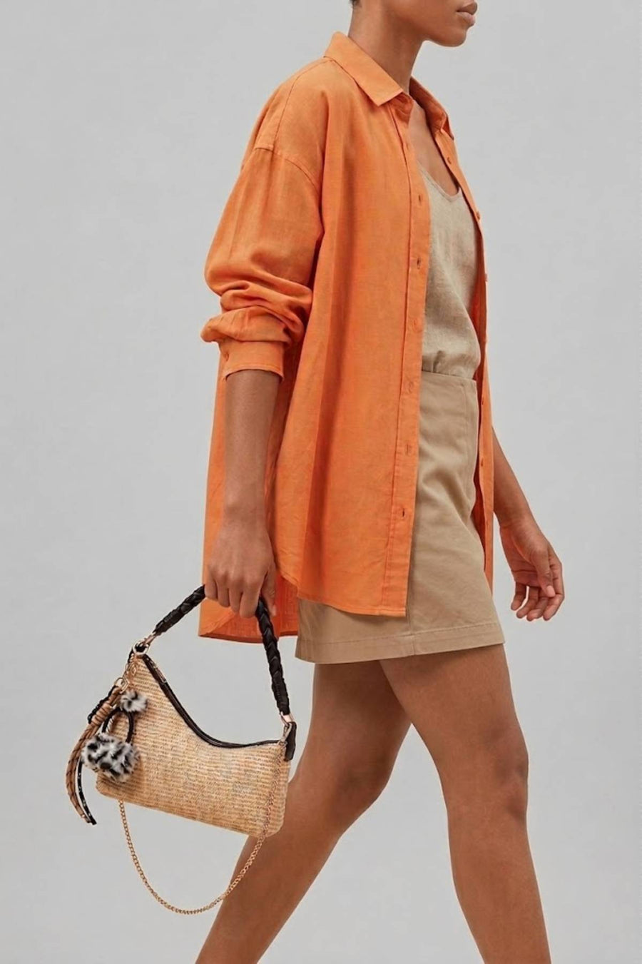 Woman Cream Charm-Embellished Straw Shoulder Bag