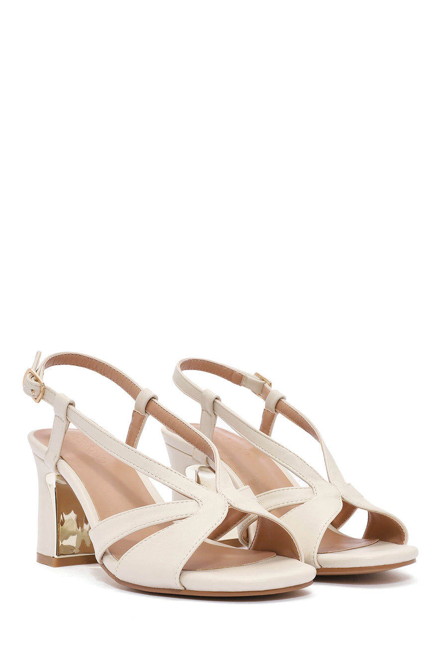 Women's Cream Ankle Buckle Thick Heel Sandals