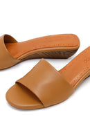 Women's Beige Short Platform Heel Leather Slippers | Derimod