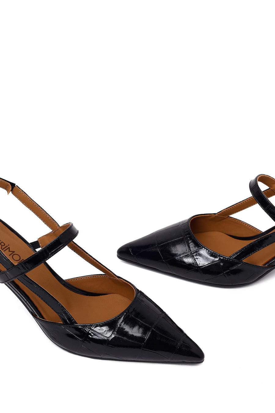 Woman Black Open-Back Thin-Heeled Croc-Embossed Leather Shoes