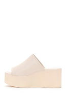Women's Beige Leather Wedge Heel Slippers | Derimod