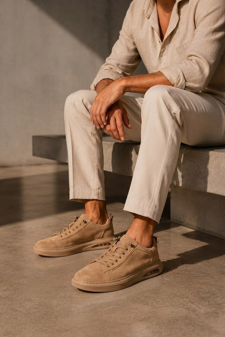 Male Beige Lace-up Suede Leather Sneaker