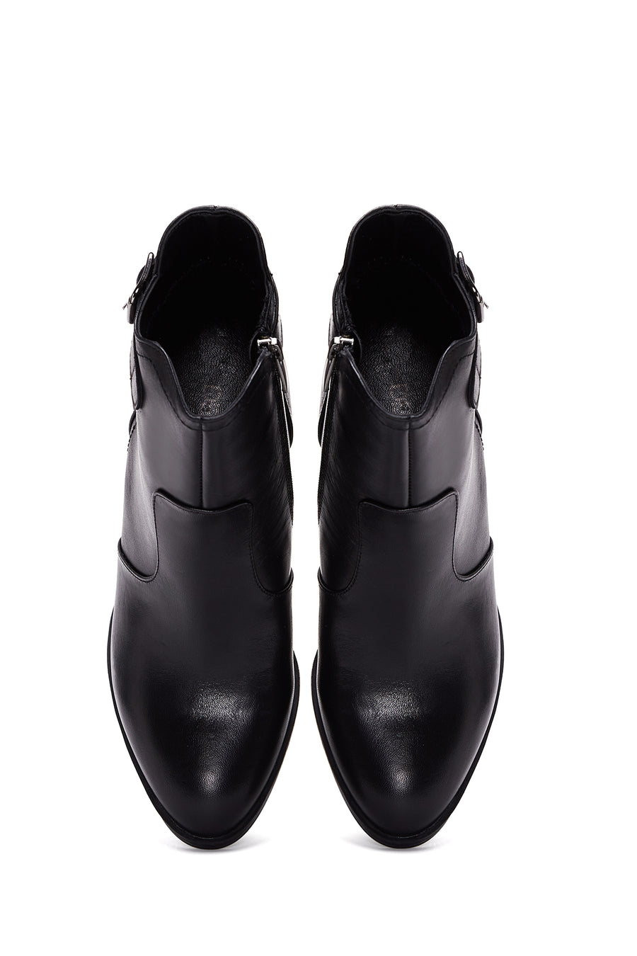 Women's Black Leather Buckle Heeled Boots