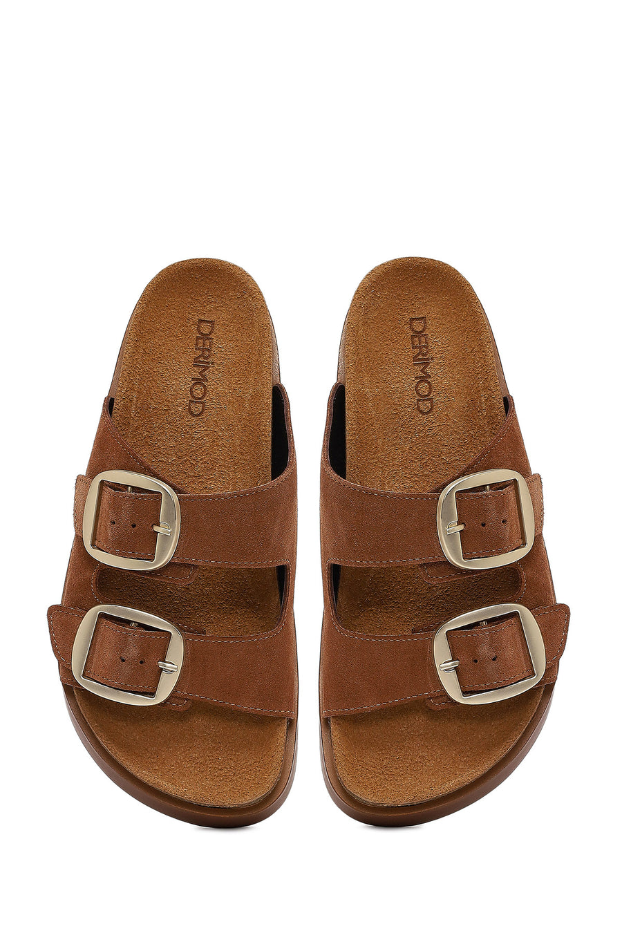 Women's Tan Double Buckle Thick Sole Suede Leather Slippers