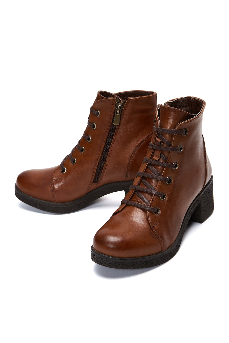 Women's Brown Zippered Thick Heeled Leather Casual Boots