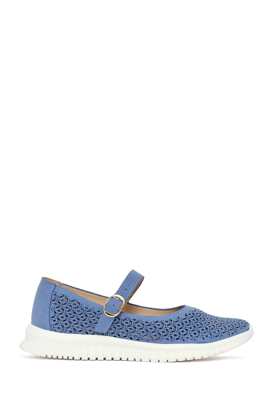 Woman Blue Buckled Patterned Suede Comfort Shoes 26PFE470810 | Derimod