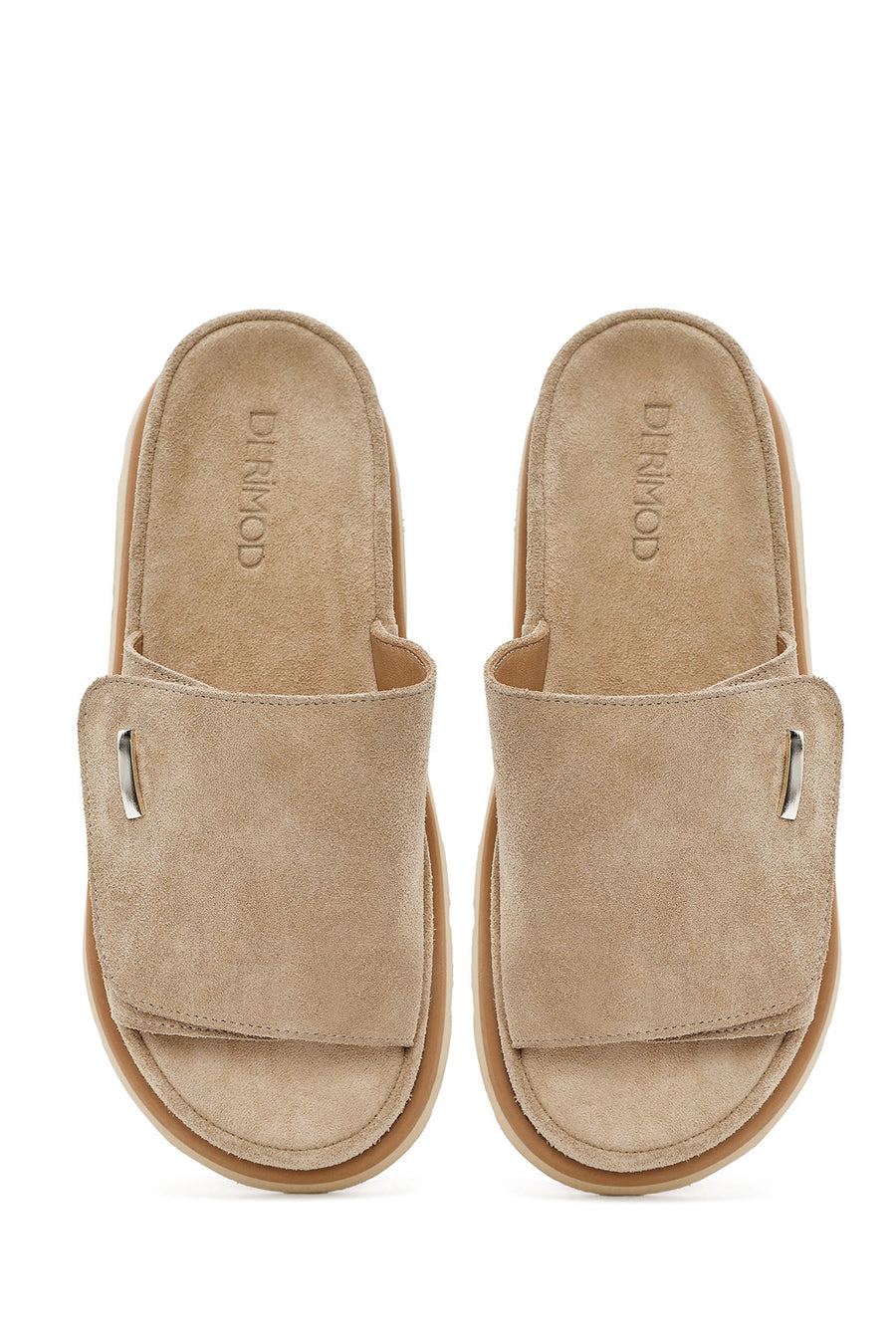 Women's Beige Thick Soled Suede Leather Slippers