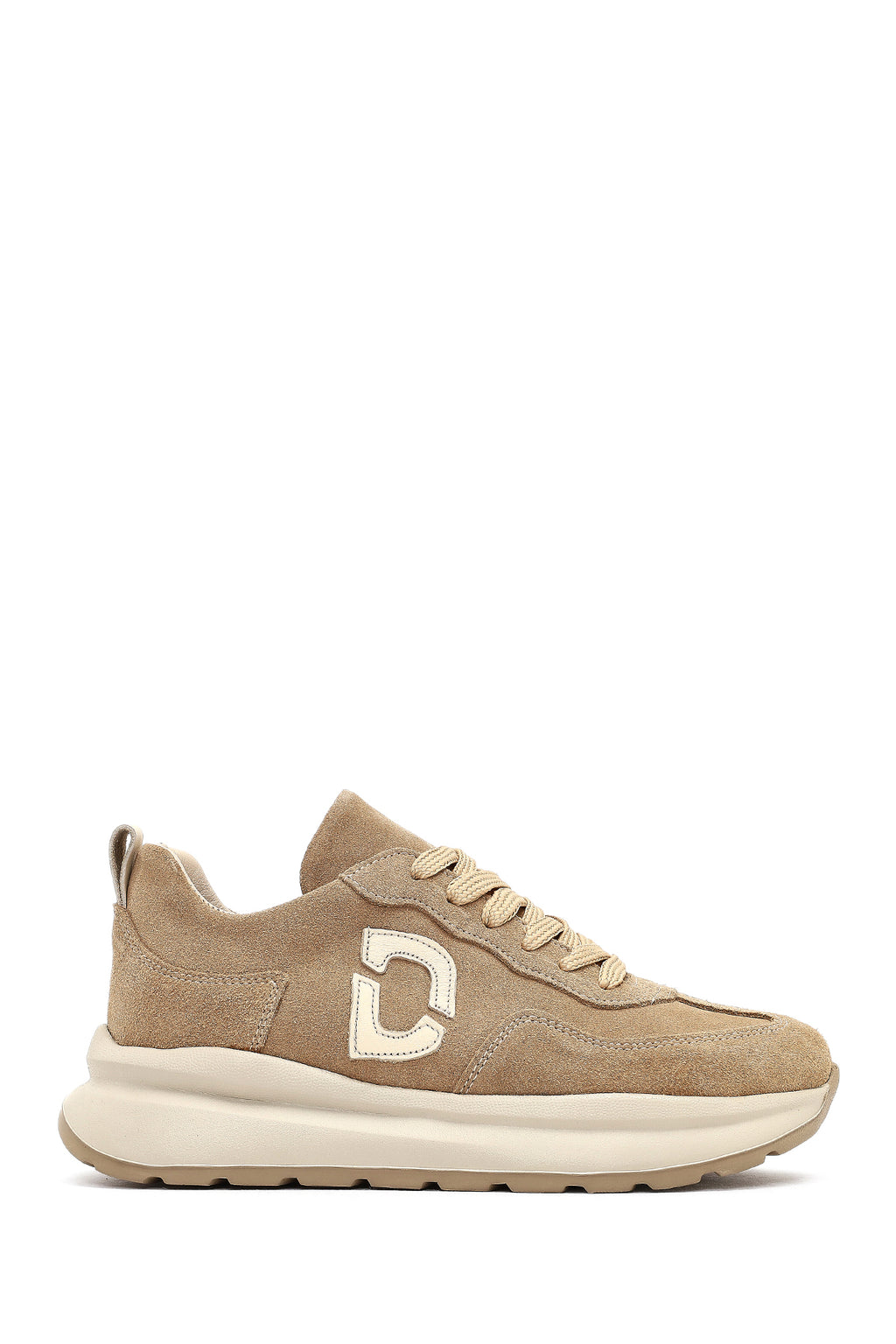 Kadın Bej Bağcıklı Kalın Tabanlı Süet Deri Sneaker