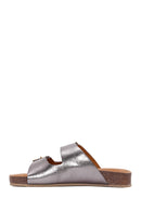 Women's Brown Metallic Leather Double Buckle Comfort Slippers | Derimod