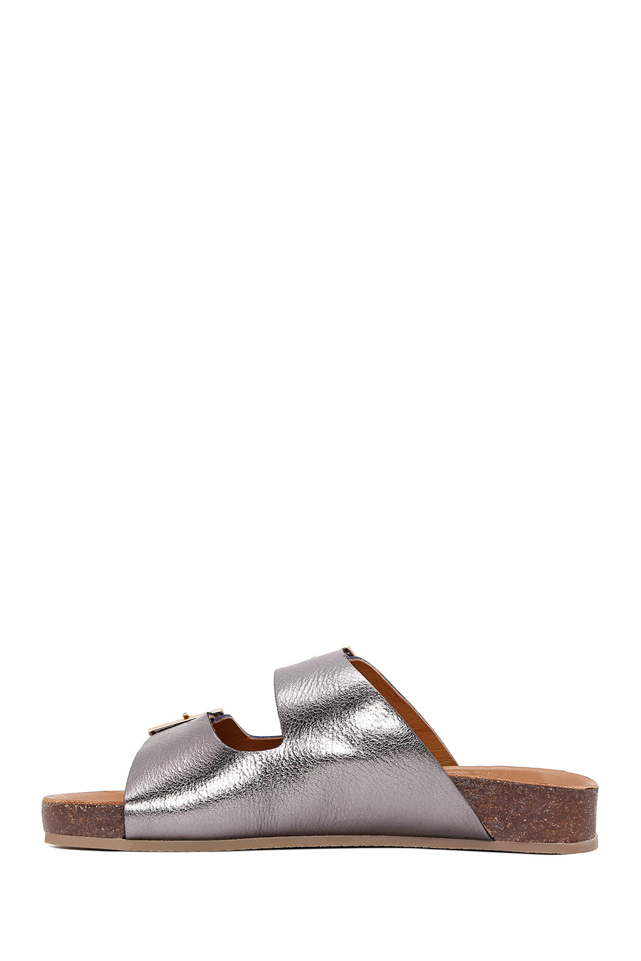 Women's Brown Metallic Leather Double Buckle Comfort Slippers