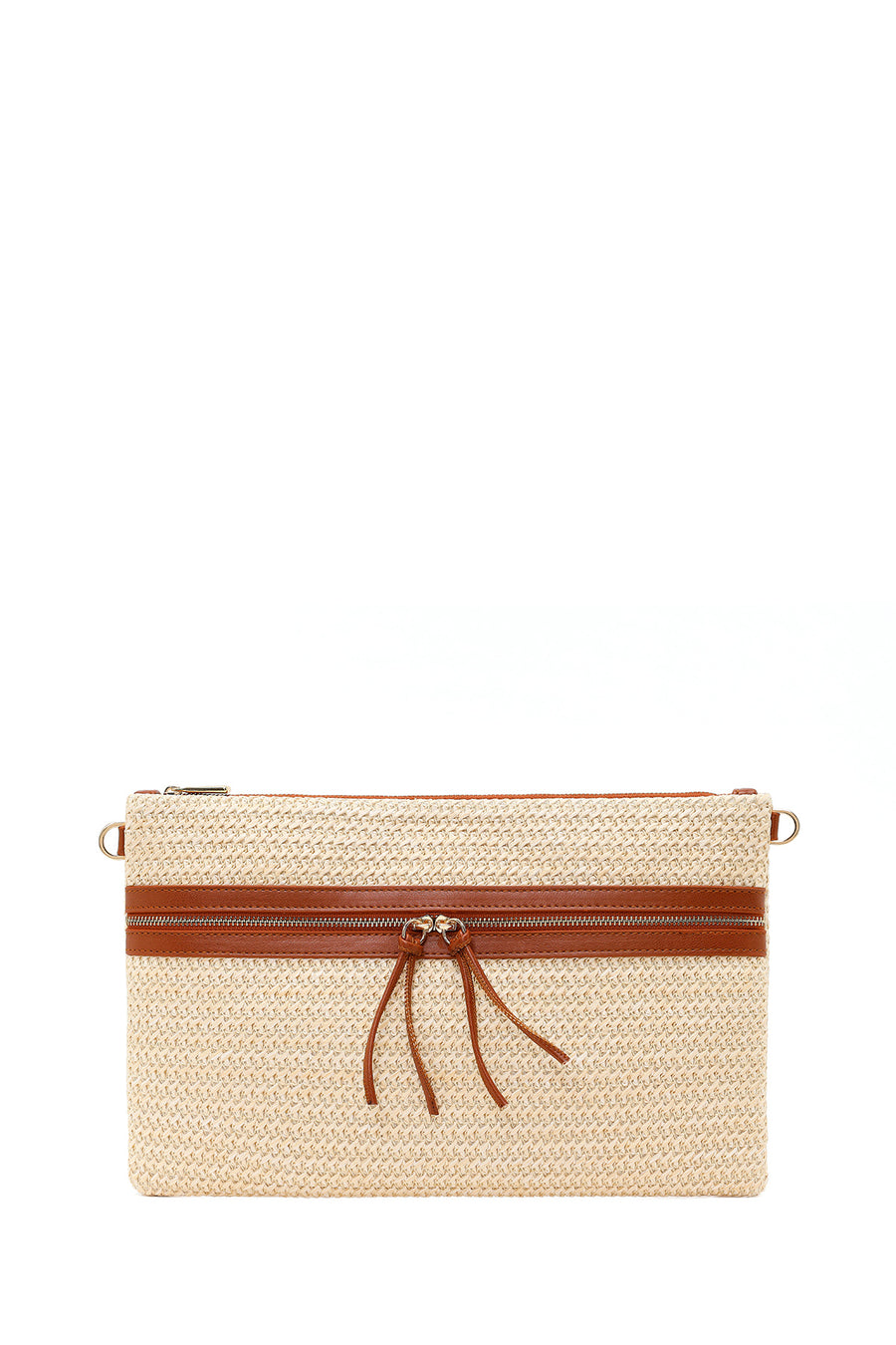 Woman Beige Long Chain Strap Wicker Clutch Bag