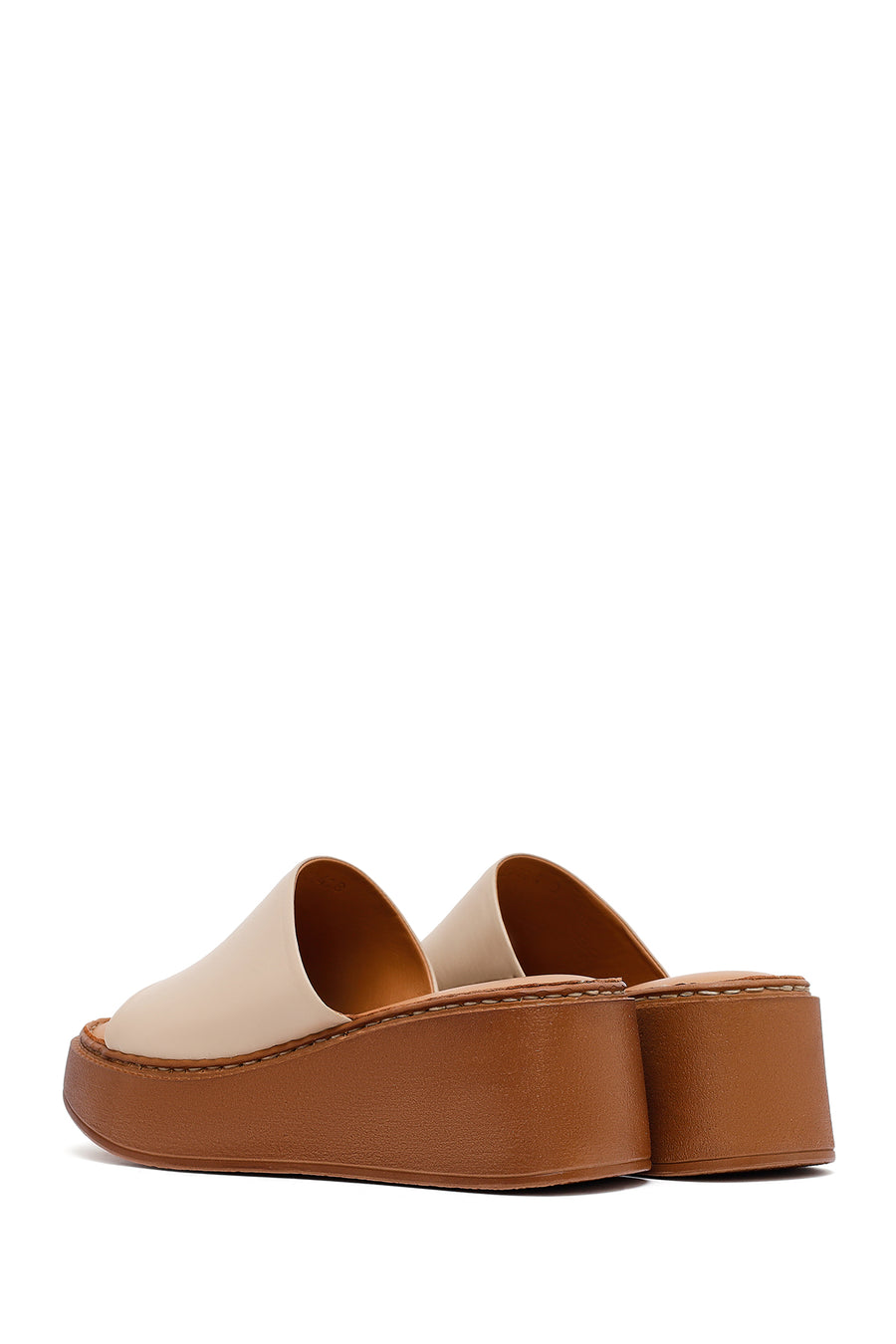 Woman Beige Thick Sole Leather Comfort Slippers