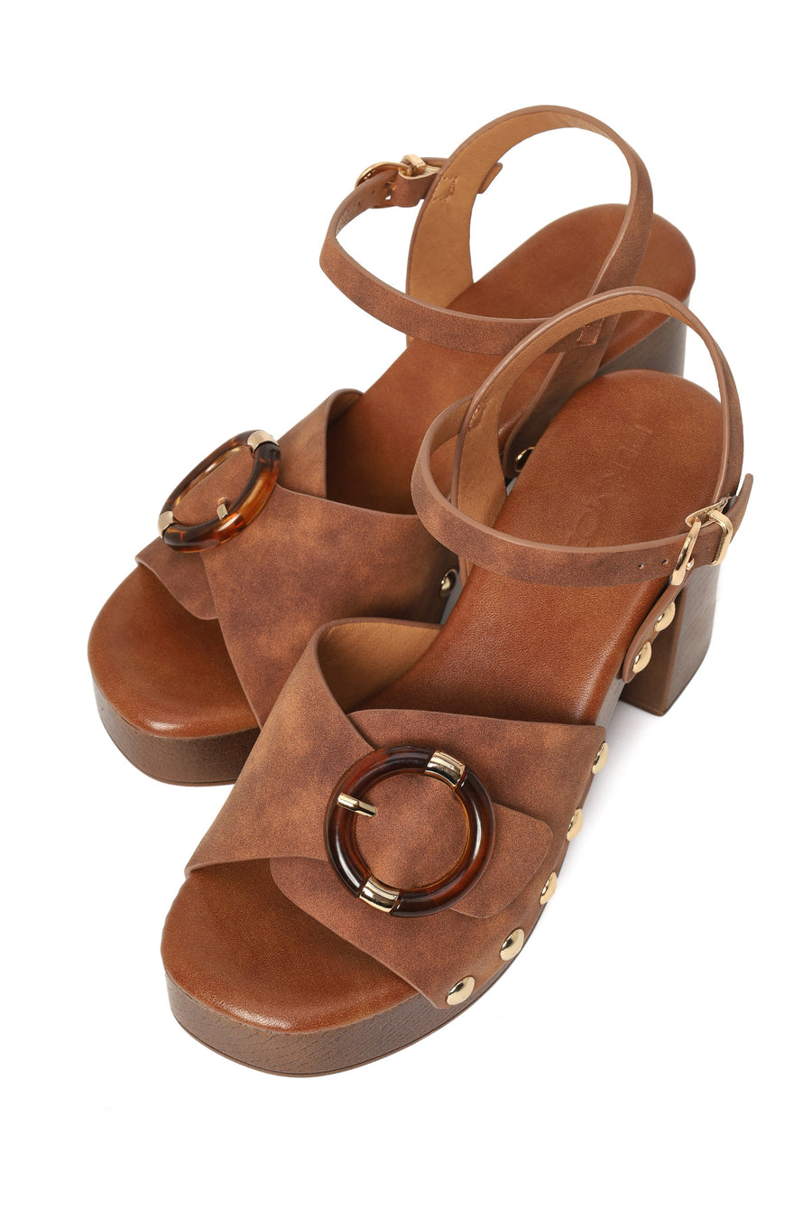 Woman Brown Ankle-Buckle Platform Chunky High-Heel Suede Sandals