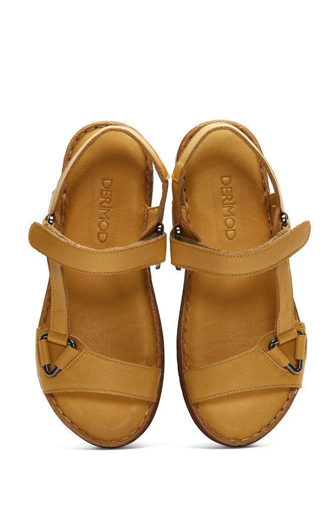 Kadın Sarı Bilekten Bantlı Deri Comfort Sandalet