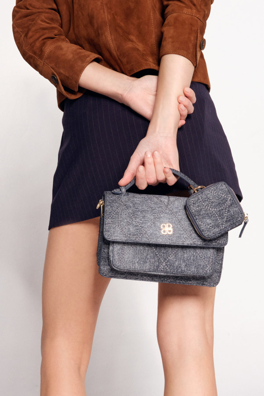 Woman Anthracite Long-Strap Fabric Crossbody Bag