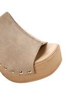 Women's Beige High Thick Heel Suede Leather Slippers | Derimod