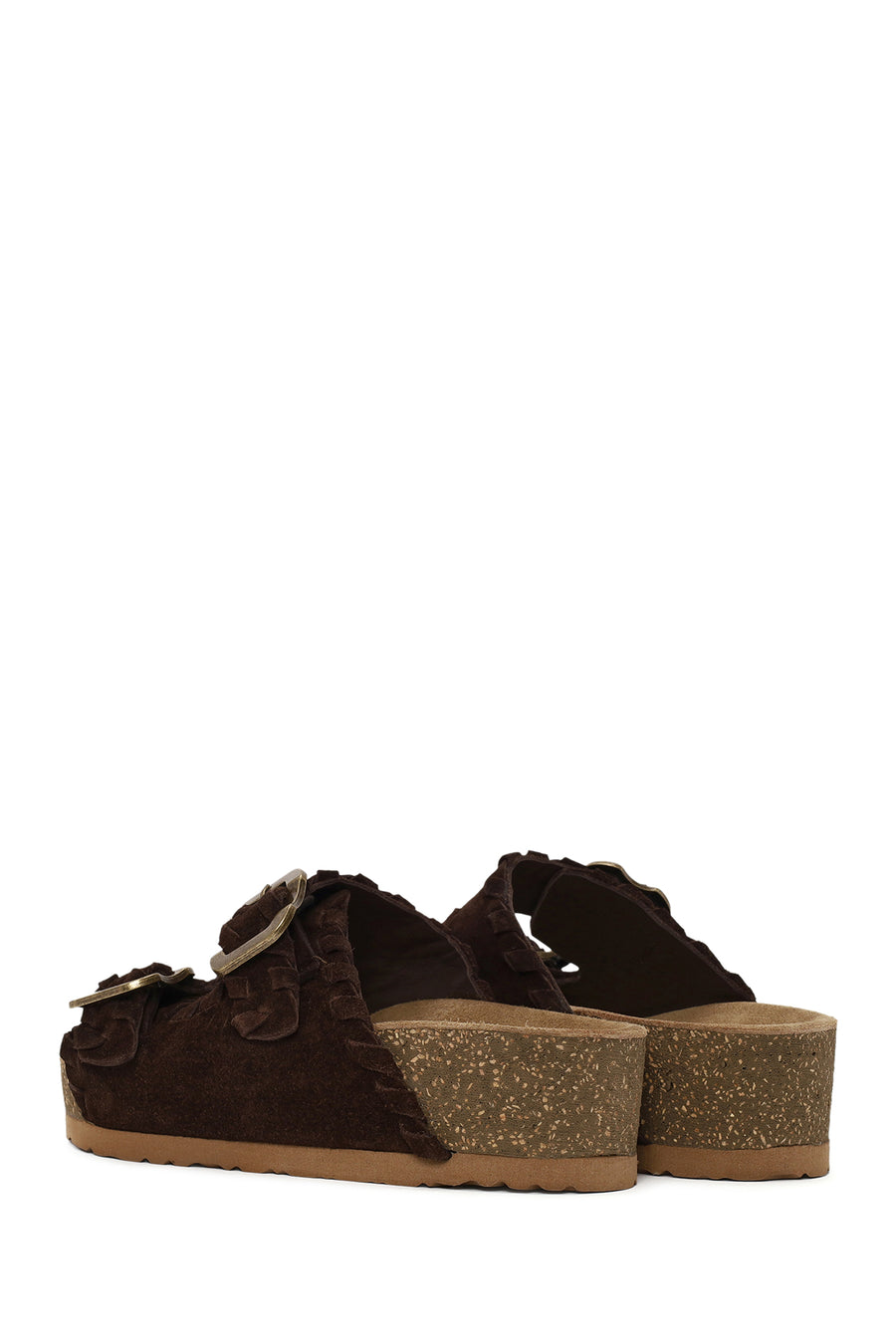 Woman Brown Double-Buckle Thick-Soled Suede Slipper