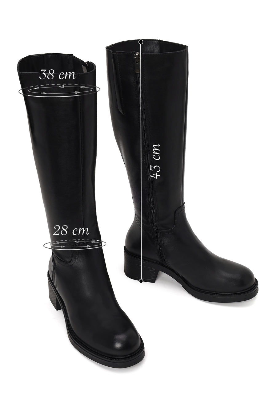 Woman Black Zip Closure Chunky Heeled Leather Boots