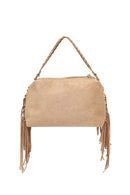 Woman Beige Suede Shoulder Bag with Long Chain Strap and Tassel | Derimod