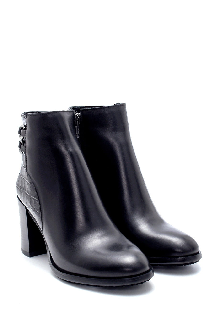 Women's Leather Buckle Detailed Heeled Boots